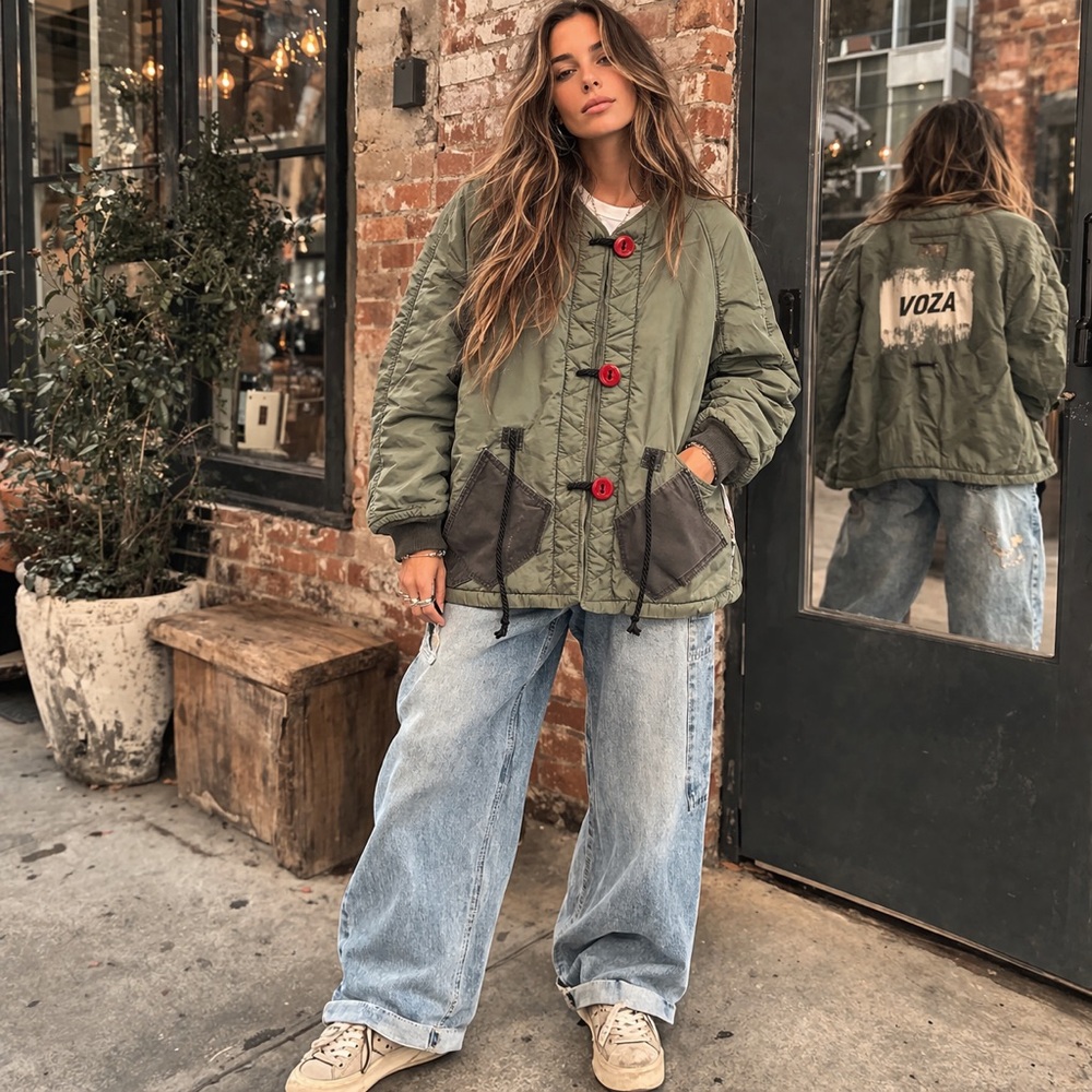 Vintage Military Liner L Jacket Green VOZA Rework Upcycled Streetwear Indie